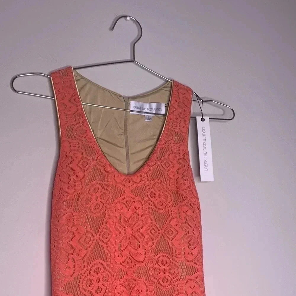 DRESS THE POPULATION 'WENDY" SLEEVELESS LACE CORAL DRESS NWT SIZE SMALL - Picture 6 of 8